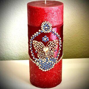 NWT ALEXANDRA'S ACCENTS Designer Art Hand Decorated Jeweled Pillar Candle 4x9